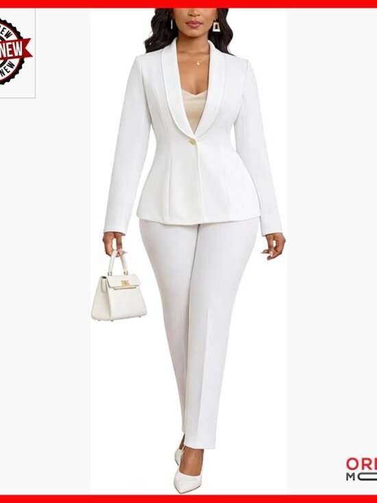 Jackets & Blazers - White Long Sleeve Blazer Pantsuit 2-Piece Business Casual Work Set